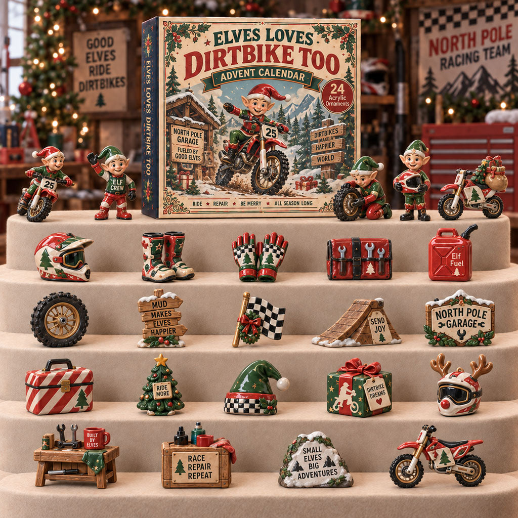 Elves Loves Dirtbike advent calendar box with 24 acrylic Christmas charms