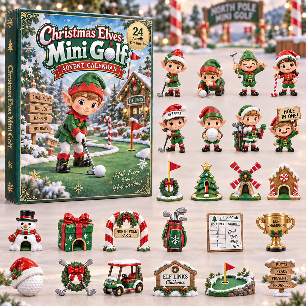 Elves Mini Golf advent calendar box with 24 acrylic Christmas charms