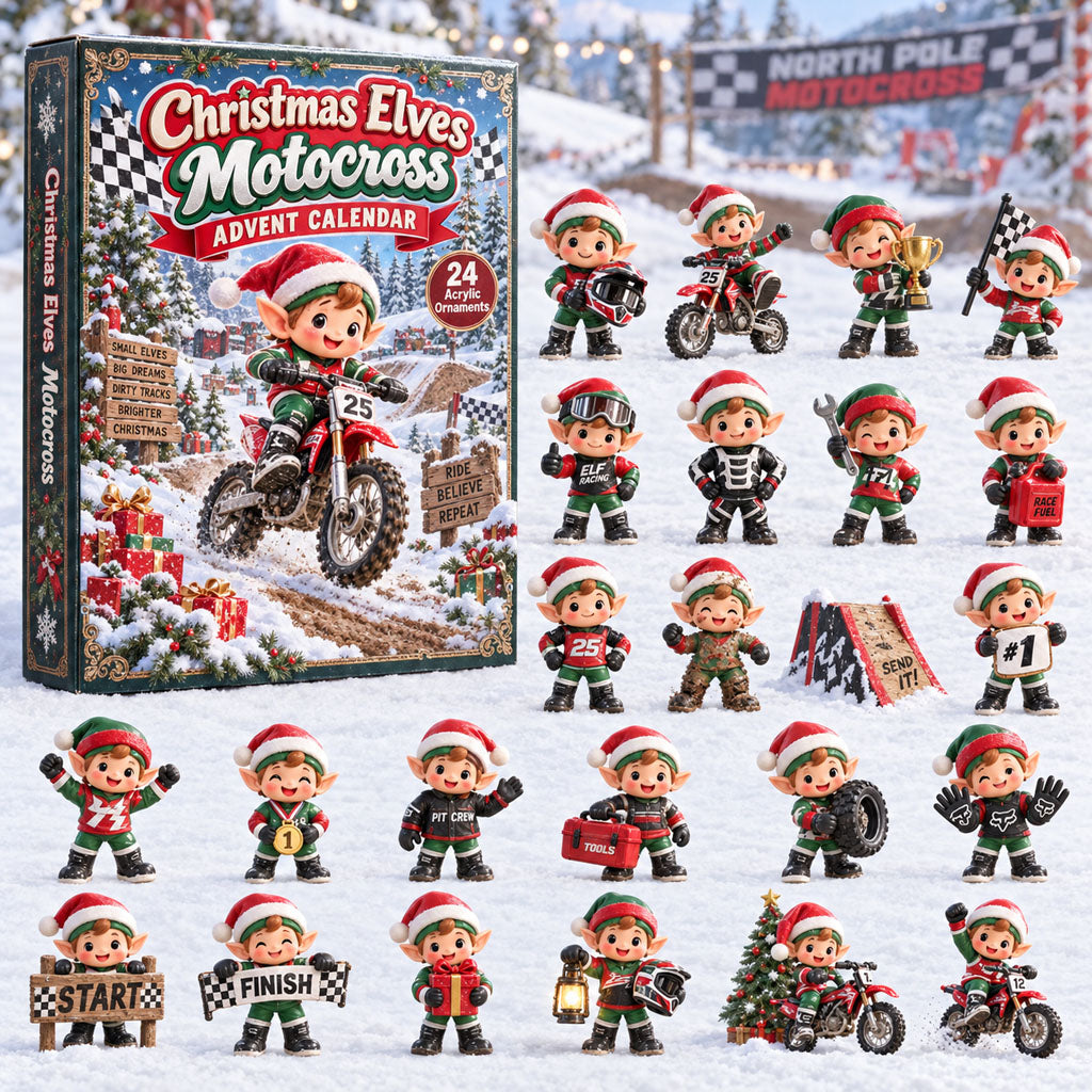 Elves Motocross advent calendar box with 24 acrylic Christmas charms