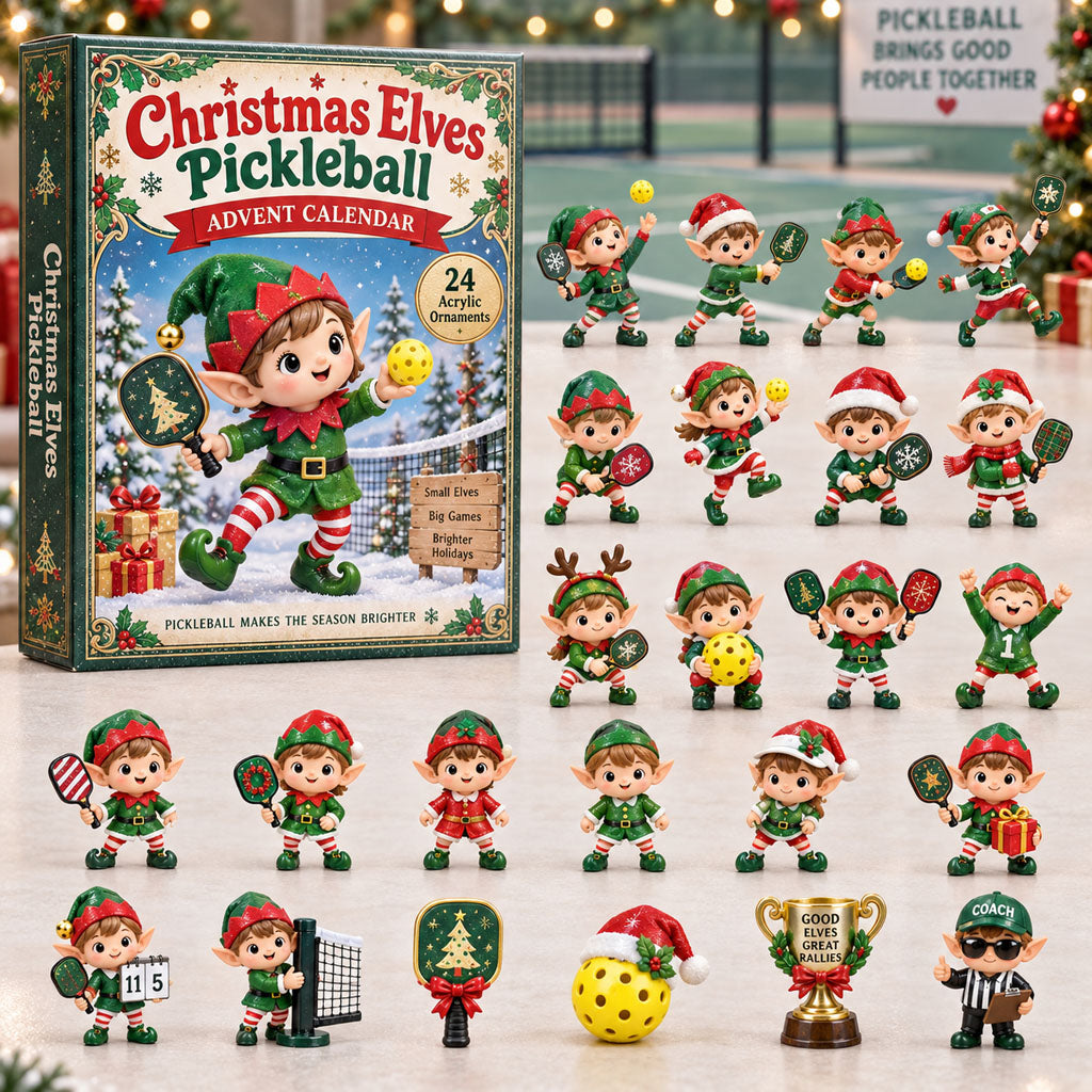 Elves Pickleball advent calendar box with 24 acrylic Christmas charms