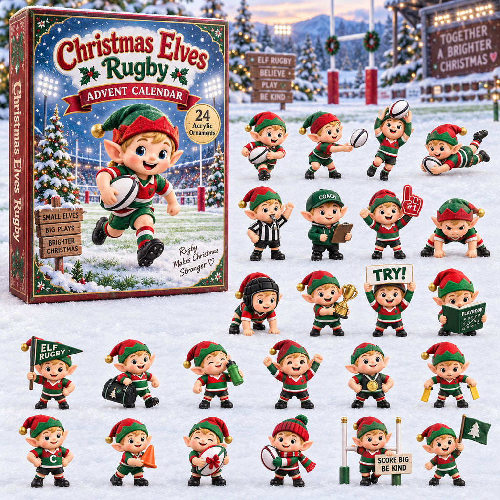 Elves Rugby advent calendar box with 24 acrylic Christmas charms