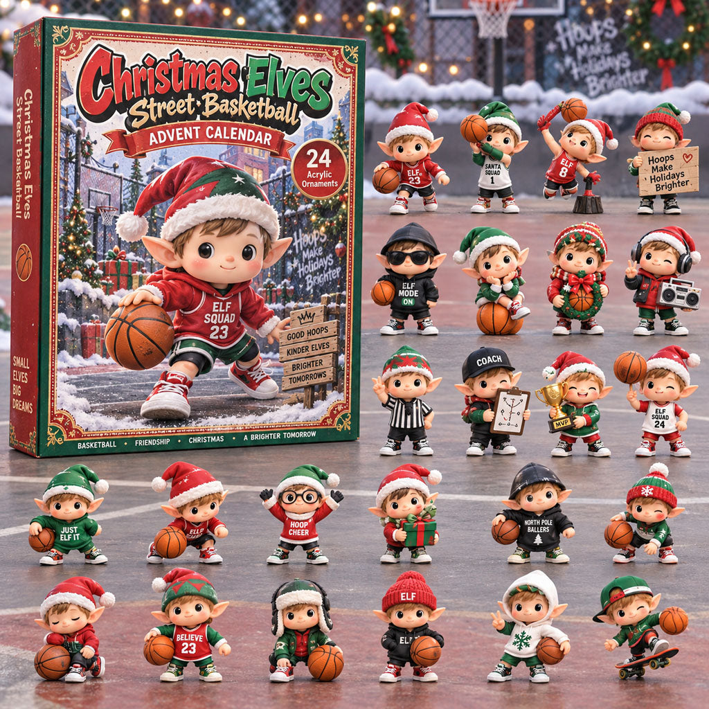 Elves Street Basketball advent calendar box with 24 acrylic Christmas charms