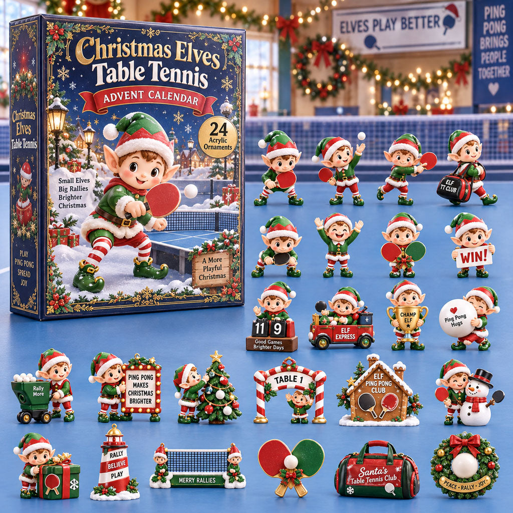 Elves Table Tennis advent calendar box with 24 acrylic Christmas charms