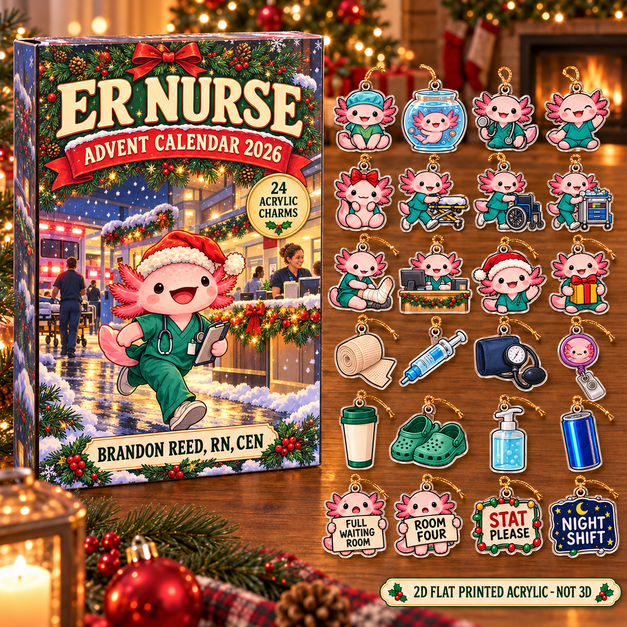 Personalized ER Nurse Axolotl advent calendar box with 24 flat acrylic Christmas charms