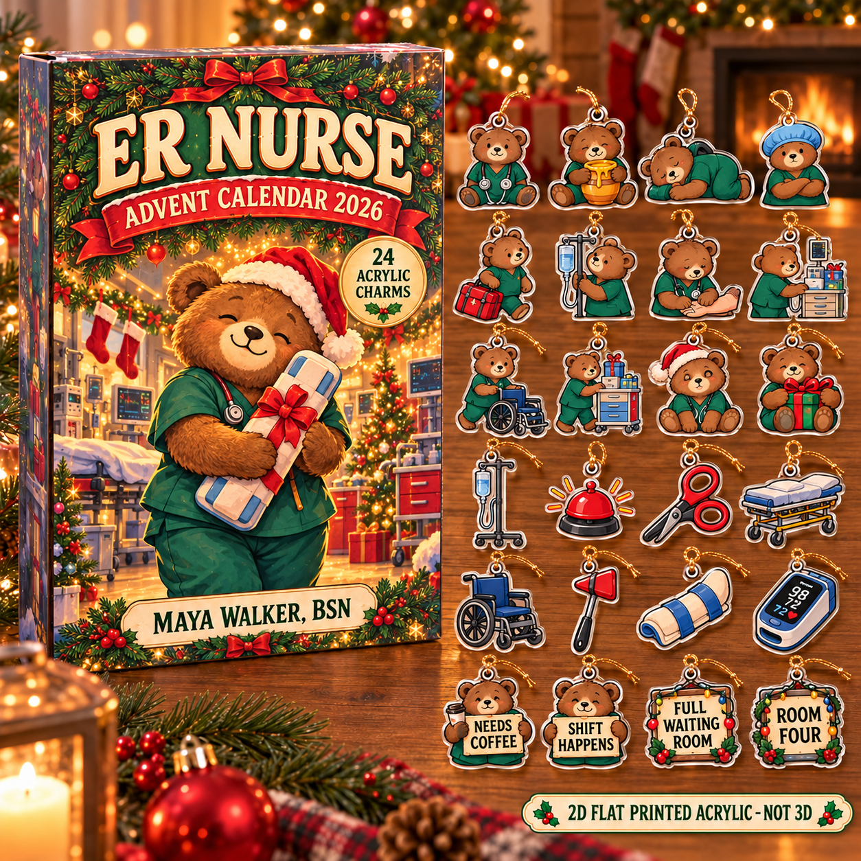 Personalized ER Nurse Bear advent calendar box with 24 flat acrylic Christmas charms