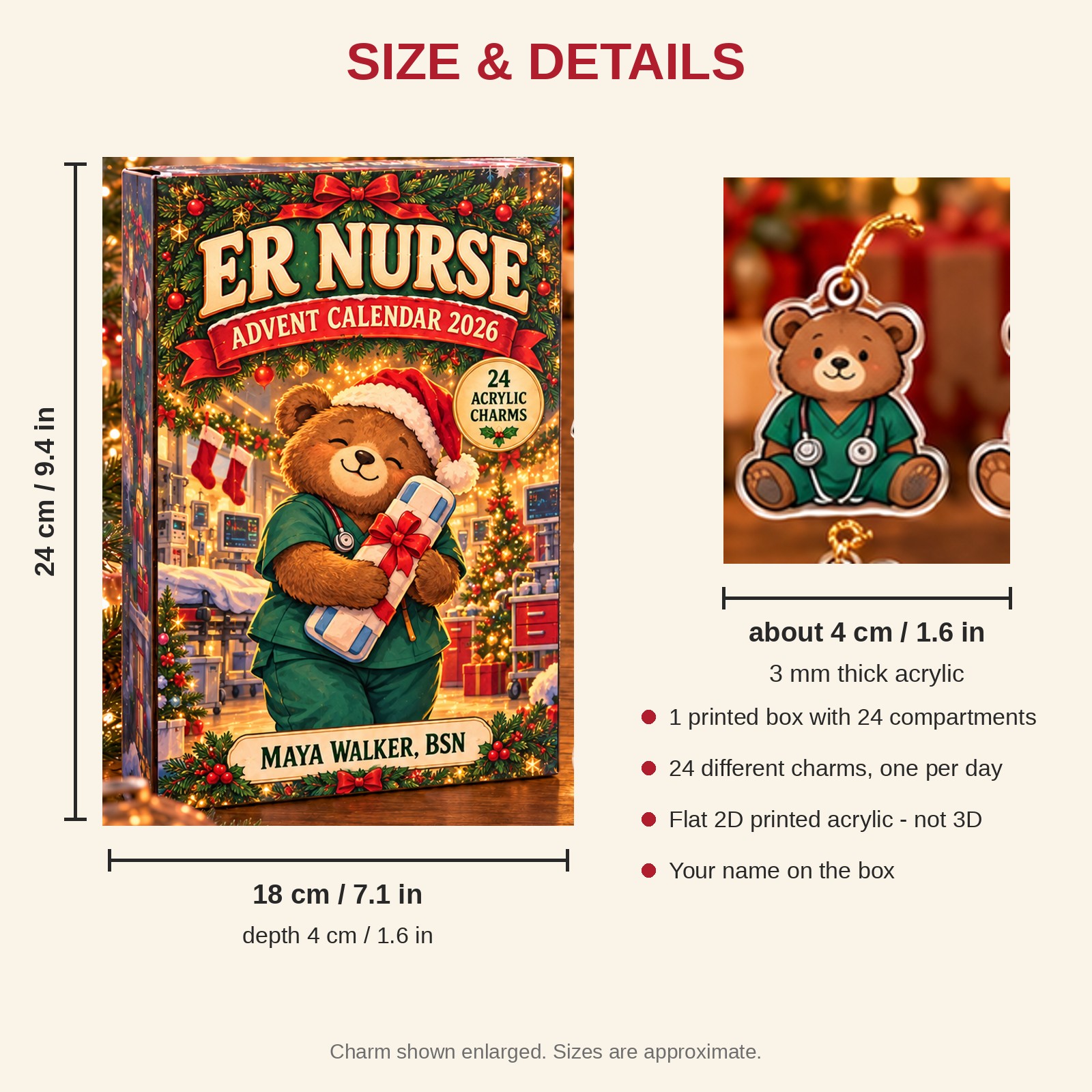 Personalized ER Nurse Bear advent calendar box with 24 flat acrylic Christmas charms: box and charm sizes