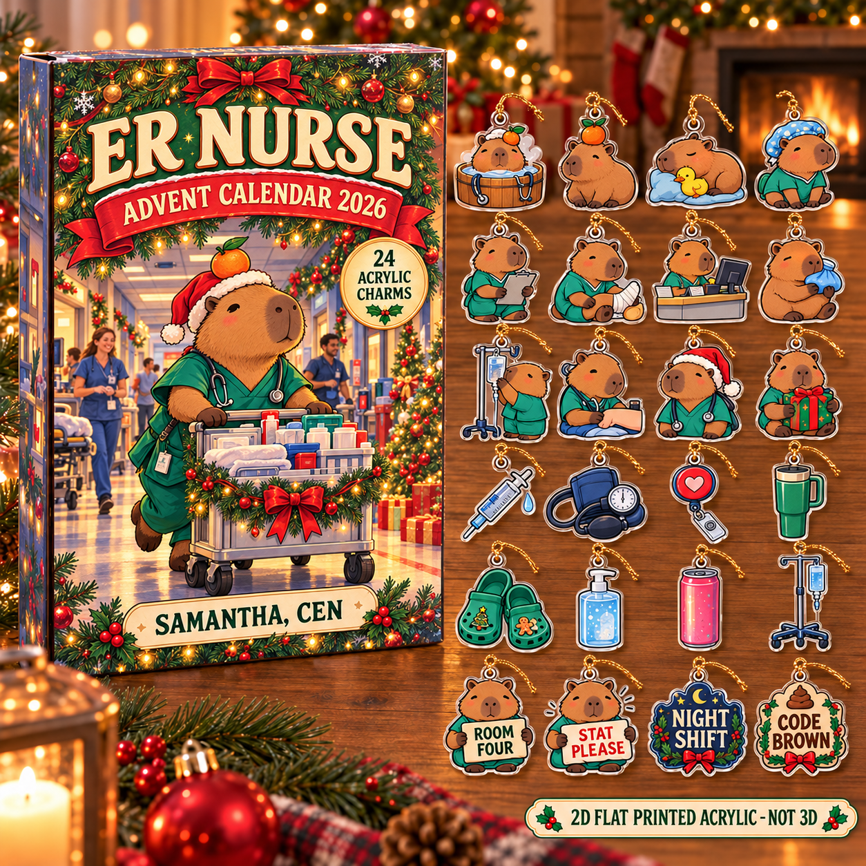 Personalized ER Nurse Capybara advent calendar box with 24 flat acrylic Christmas charms