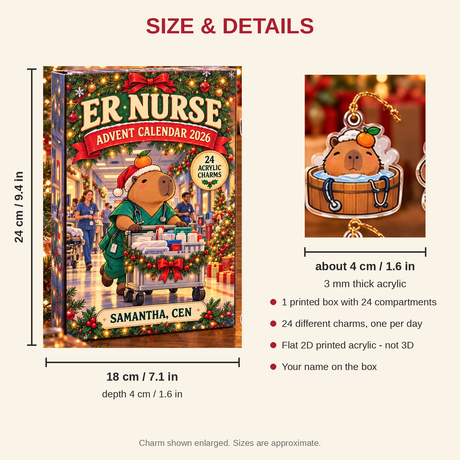 Personalized ER Nurse Capybara advent calendar box with 24 flat acrylic Christmas charms: box and charm sizes