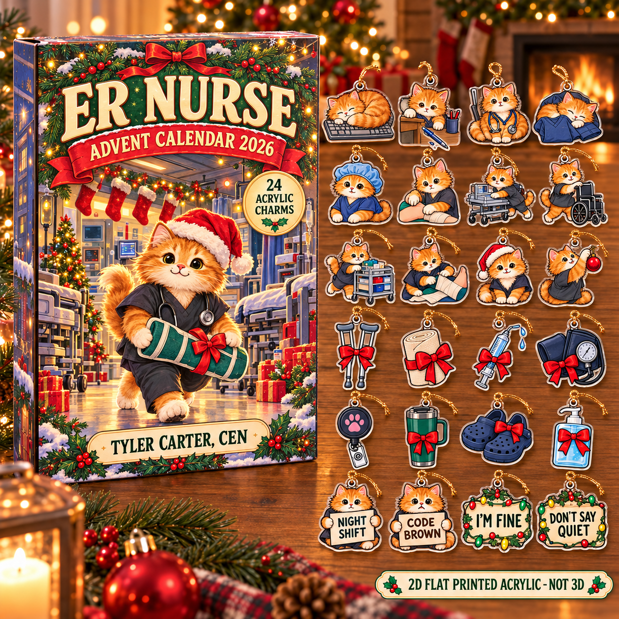 Personalized ER Nurse Cat advent calendar box with 24 flat acrylic Christmas charms
