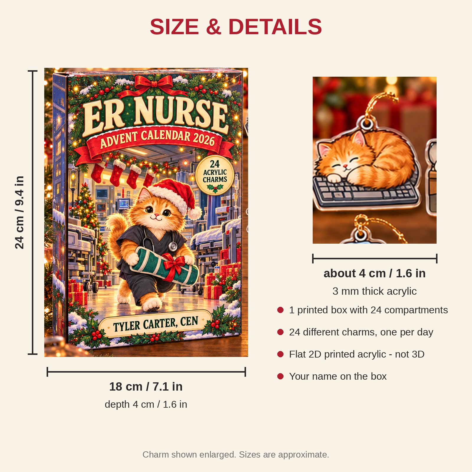 Personalized ER Nurse Cat advent calendar box with 24 flat acrylic Christmas charms: box and charm sizes