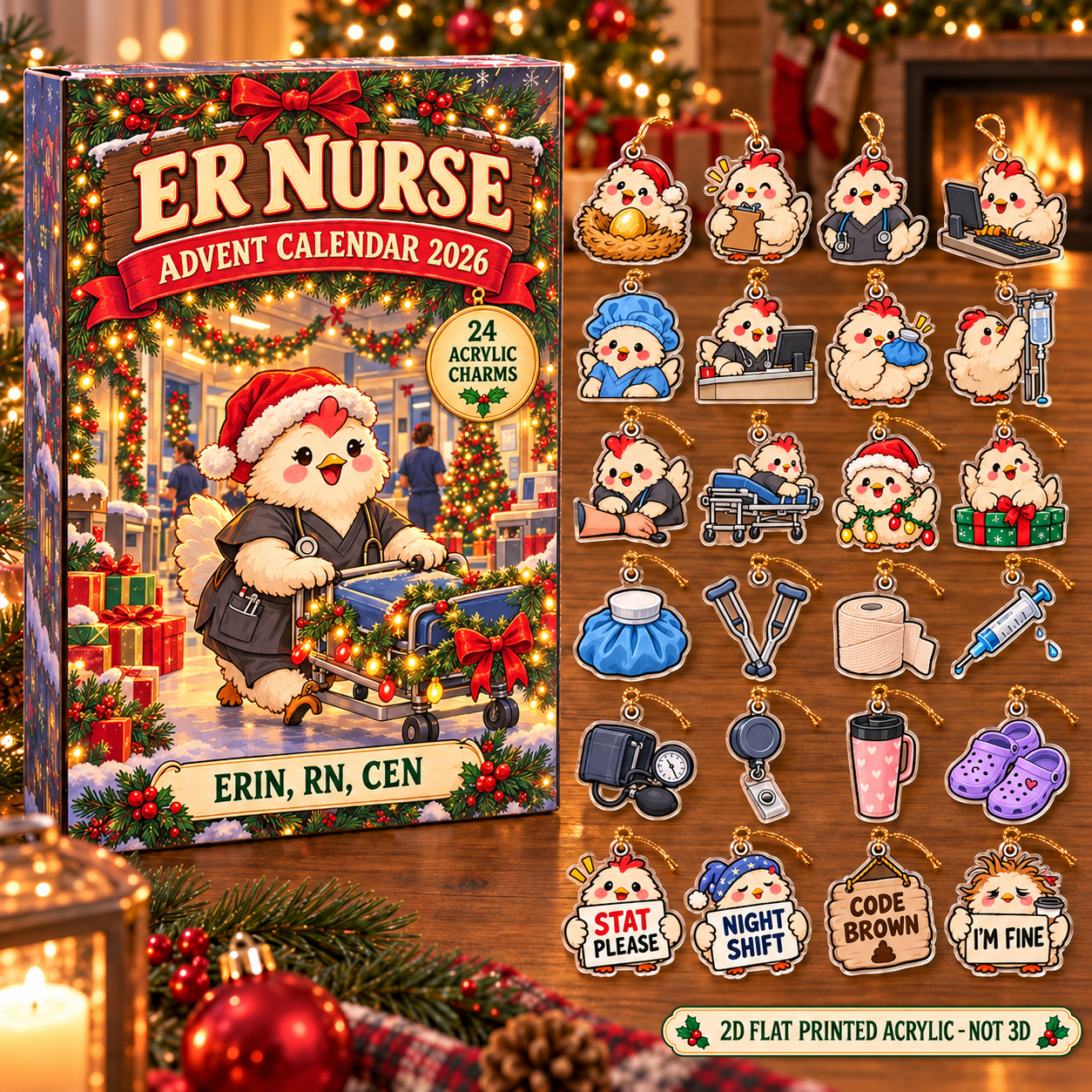 Personalized ER Nurse Chicken advent calendar box with 24 flat acrylic Christmas charms