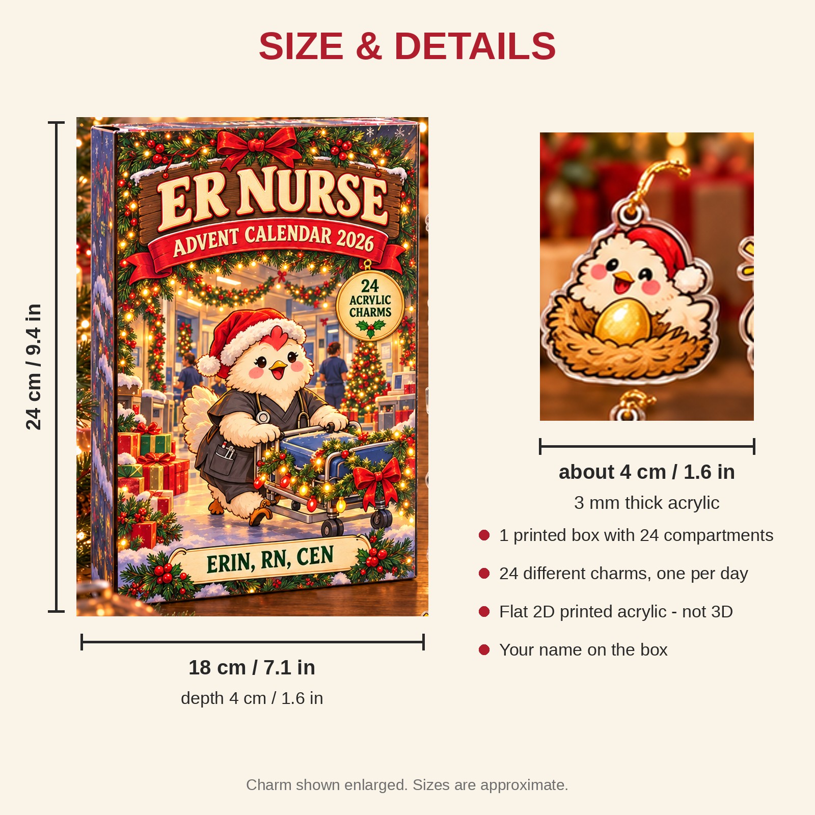 Personalized ER Nurse Chicken advent calendar box with 24 flat acrylic Christmas charms: box and charm sizes