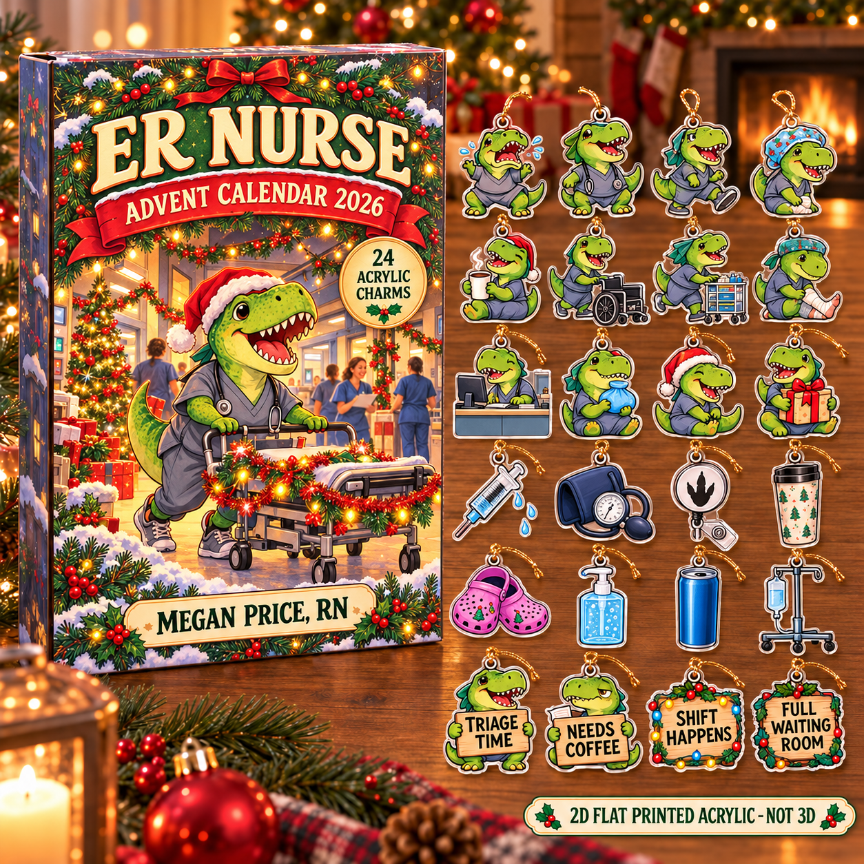 Personalized ER Nurse Dinosaur advent calendar box with 24 flat acrylic Christmas charms