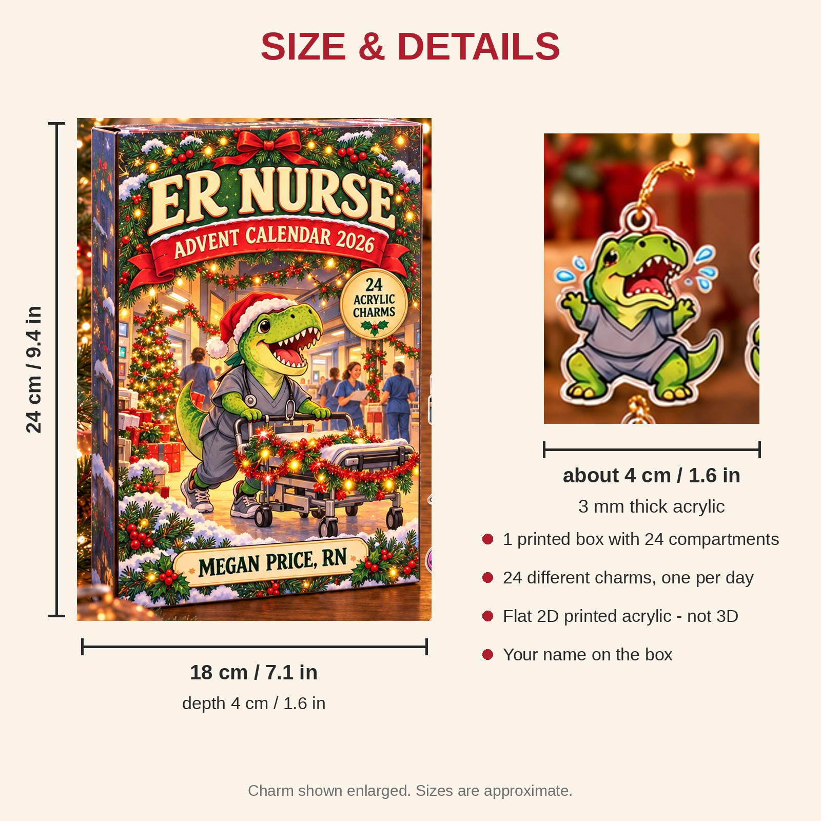 Personalized ER Nurse Dinosaur advent calendar box with 24 flat acrylic Christmas charms: box and charm sizes