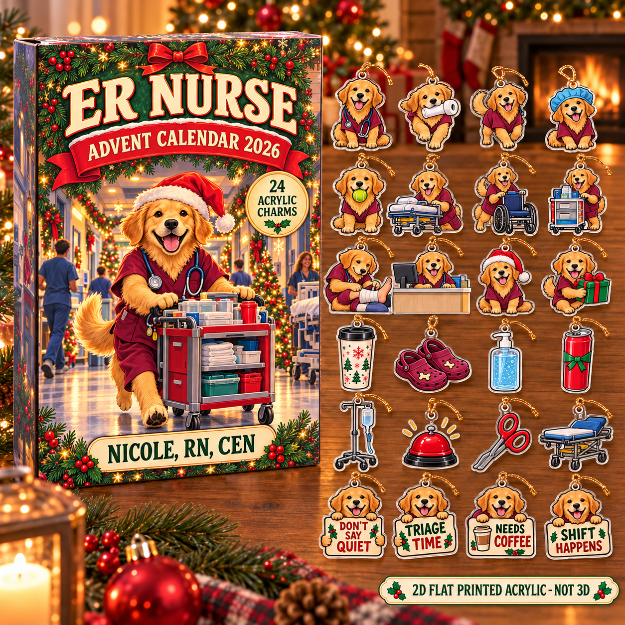 Personalized ER Nurse Dog advent calendar box with 24 flat acrylic Christmas charms