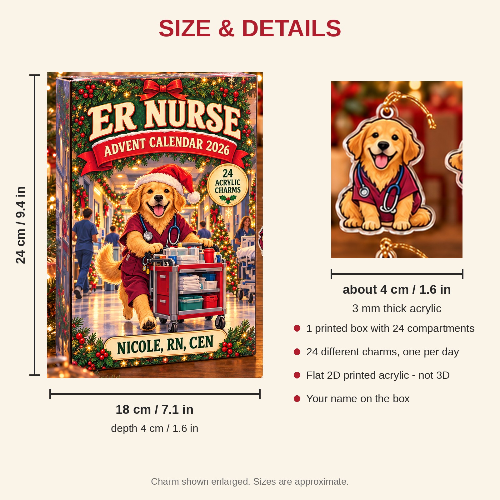 Personalized ER Nurse Dog advent calendar box with 24 flat acrylic Christmas charms: box and charm sizes