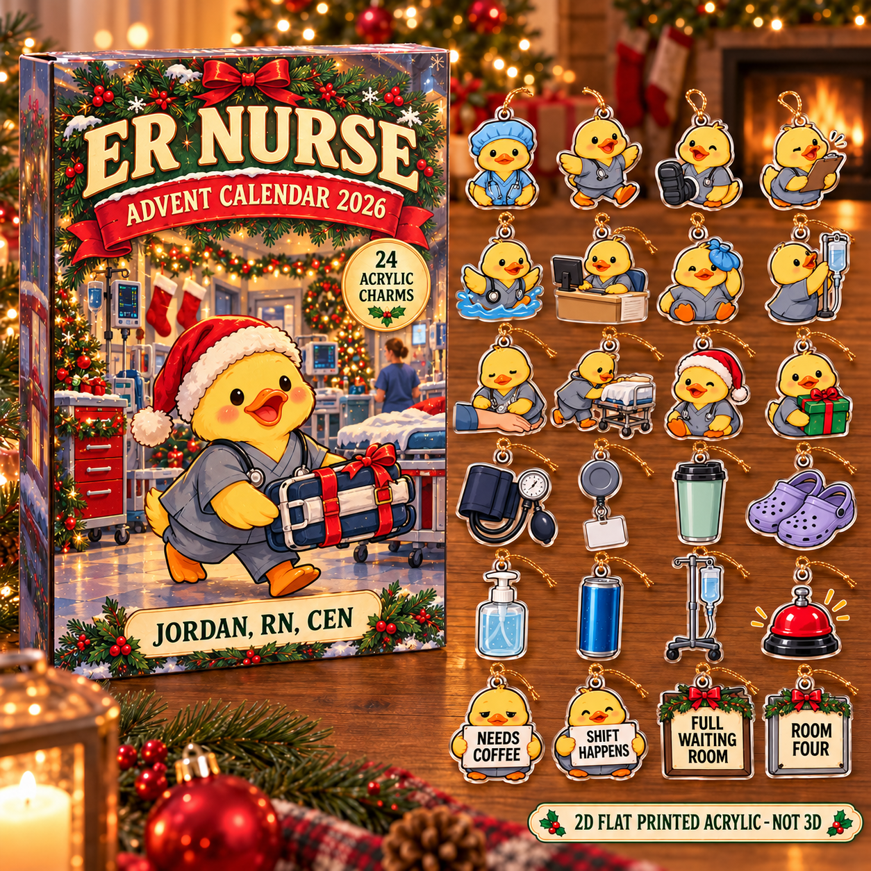 Personalized ER Nurse Duck advent calendar box with 24 flat acrylic Christmas charms