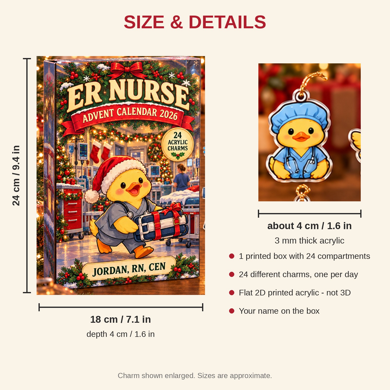 Personalized ER Nurse Duck advent calendar box with 24 flat acrylic Christmas charms: box and charm sizes