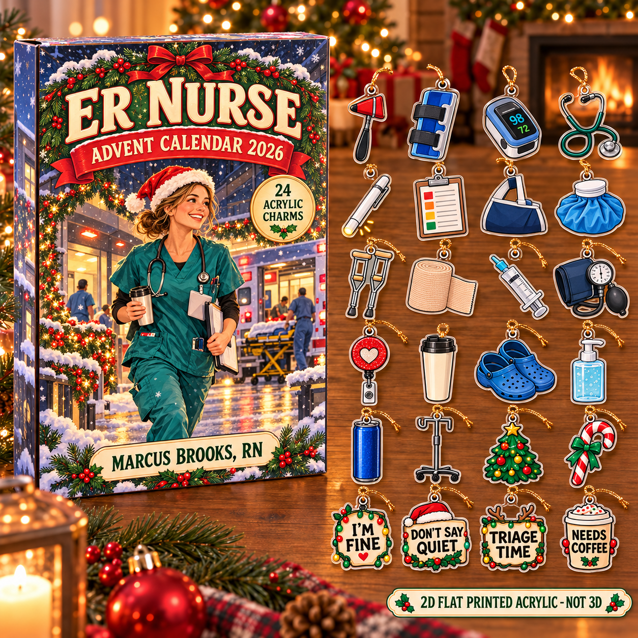 Personalized ER Nurse Essentials advent calendar box with 24 flat acrylic Christmas charms