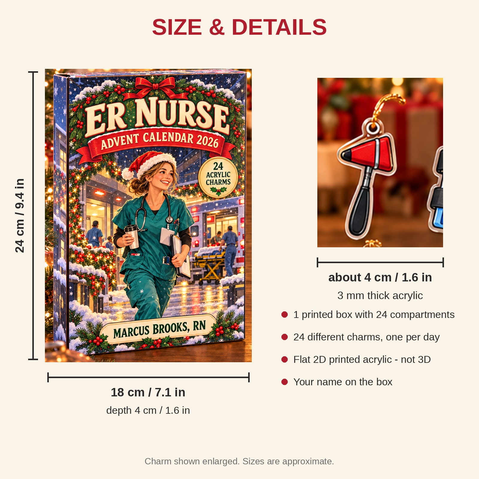 Personalized ER Nurse Essentials advent calendar box with 24 flat acrylic Christmas charms: box and charm sizes