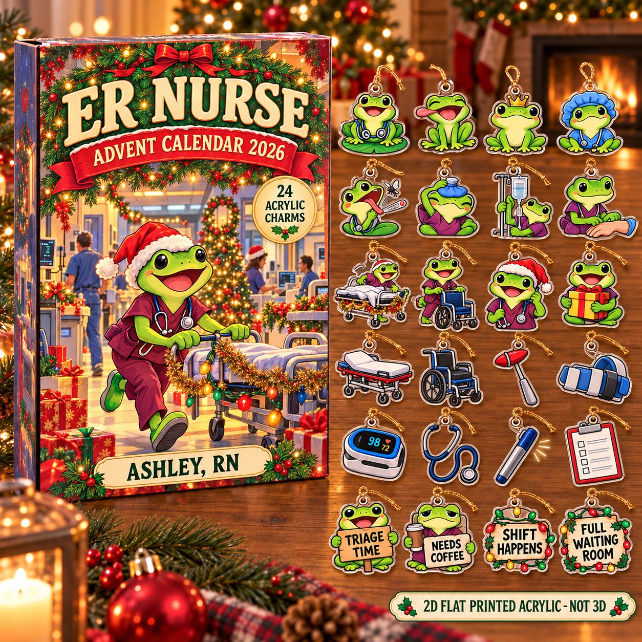 Personalized ER Nurse Frog advent calendar box with 24 flat acrylic Christmas charms