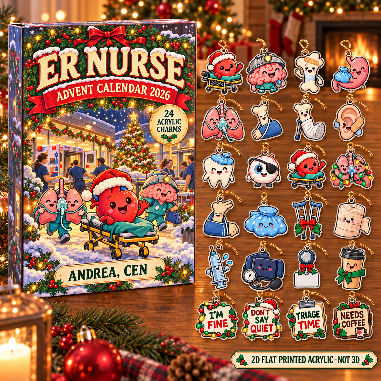 Personalized Funny Anatomy ER Nurse advent calendar box with 24 flat acrylic Christmas charms