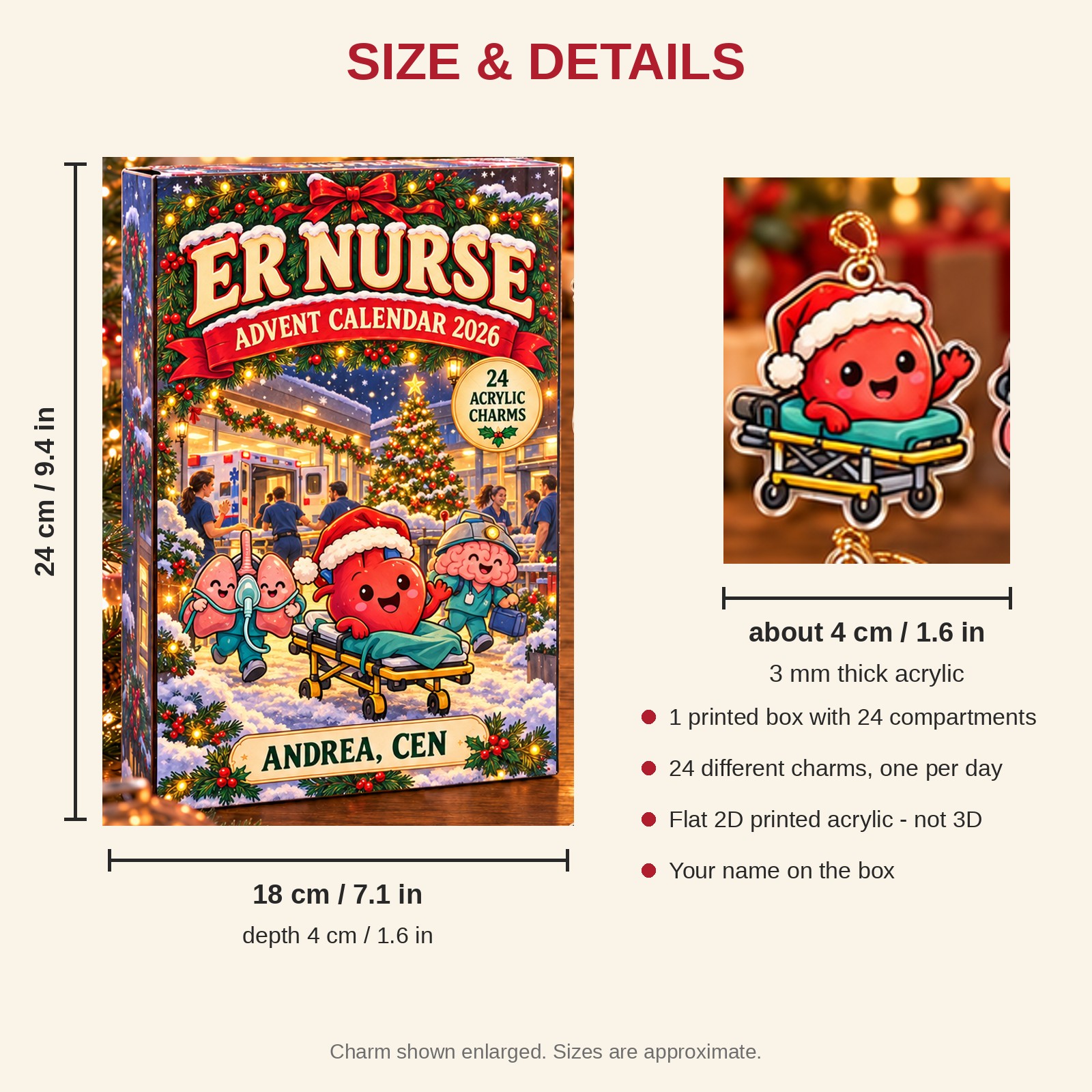 Personalized Funny Anatomy ER Nurse advent calendar box with 24 flat acrylic Christmas charms: box and charm sizes