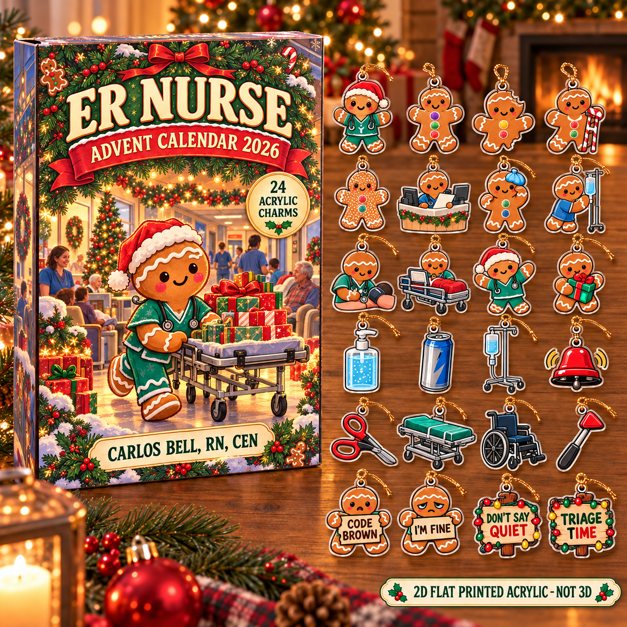 Personalized Gingerbread ER Nurse advent calendar box with 24 flat acrylic Christmas charms