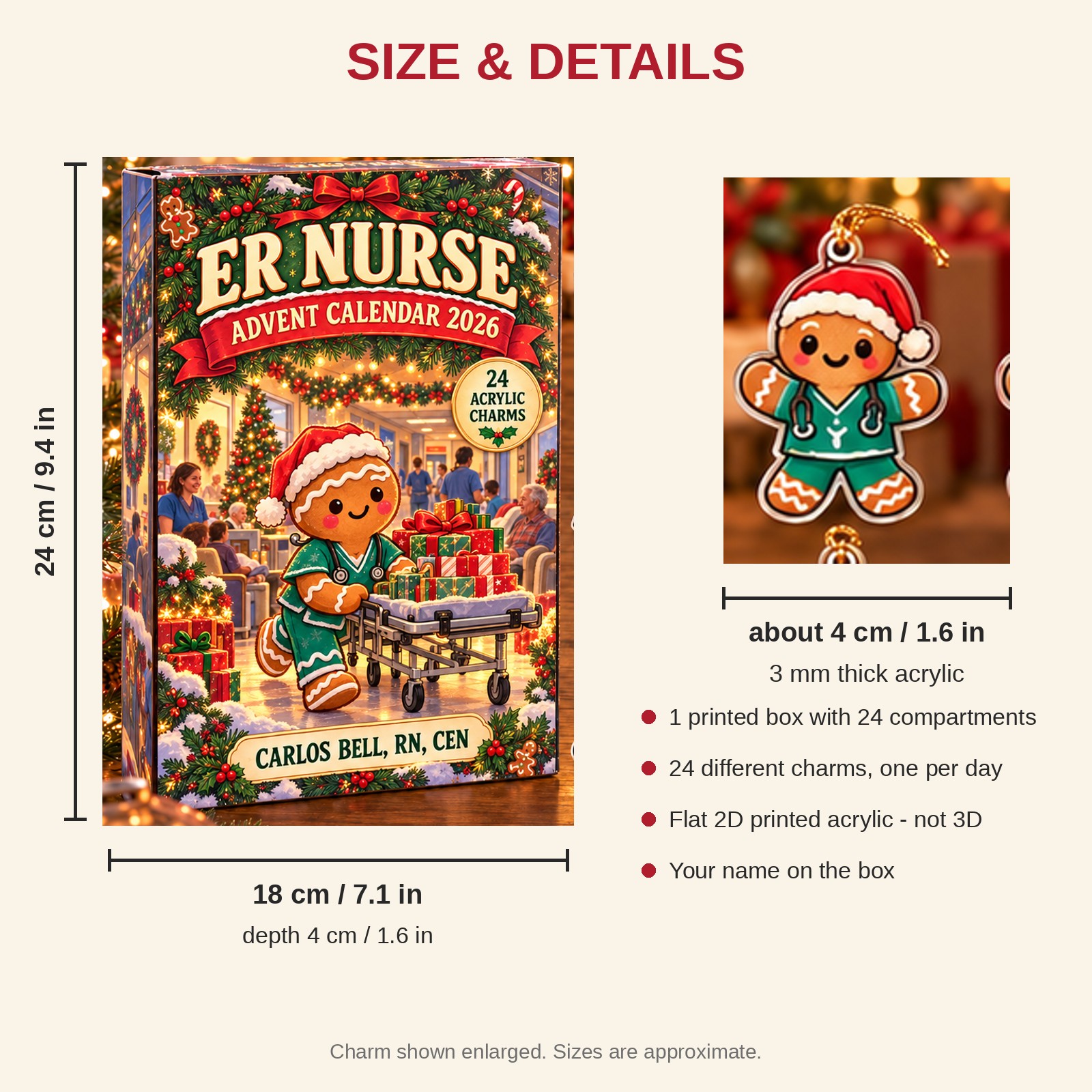 Personalized Gingerbread ER Nurse advent calendar box with 24 flat acrylic Christmas charms: box and charm sizes