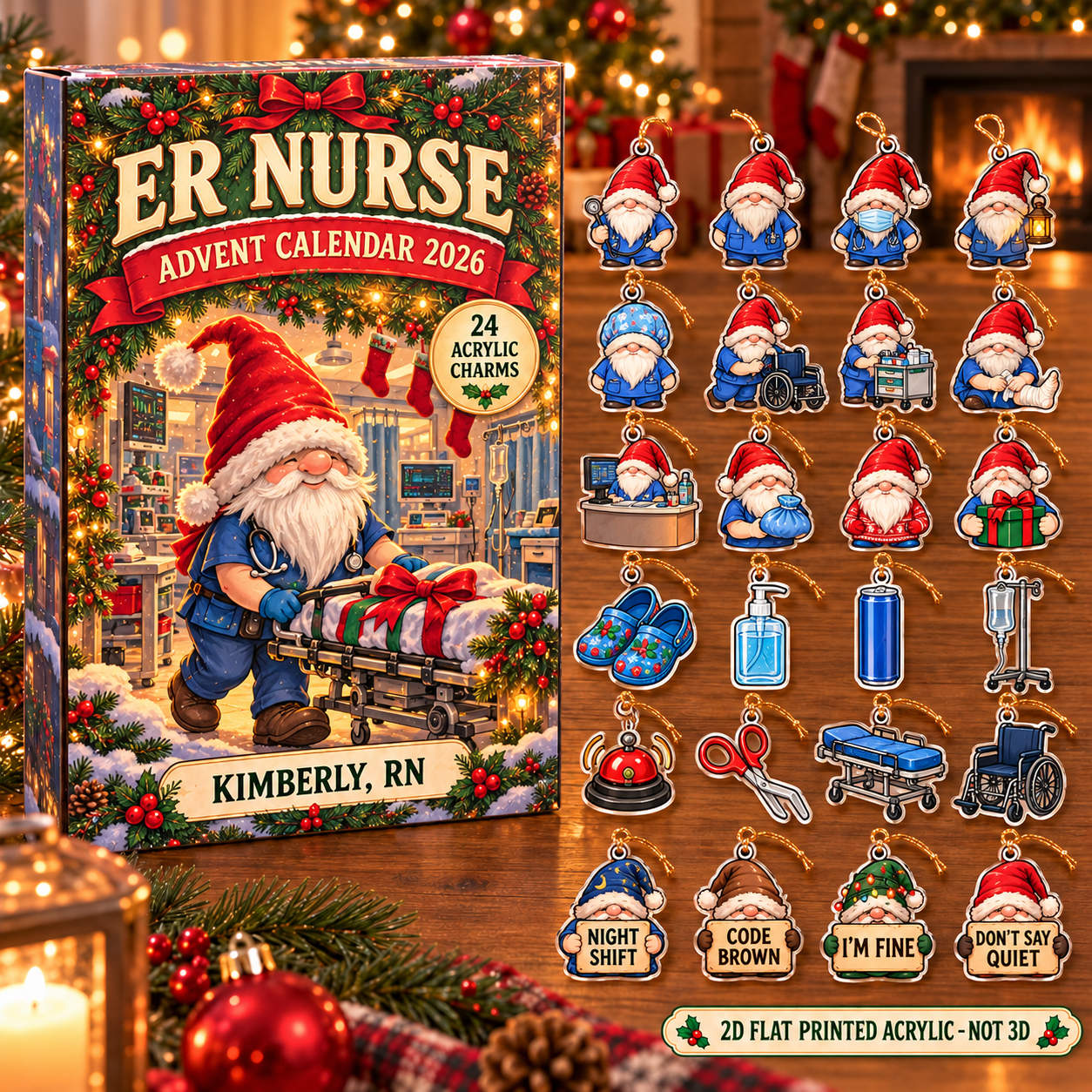 Personalized Gnome ER Nurse advent calendar box with 24 flat acrylic Christmas charms