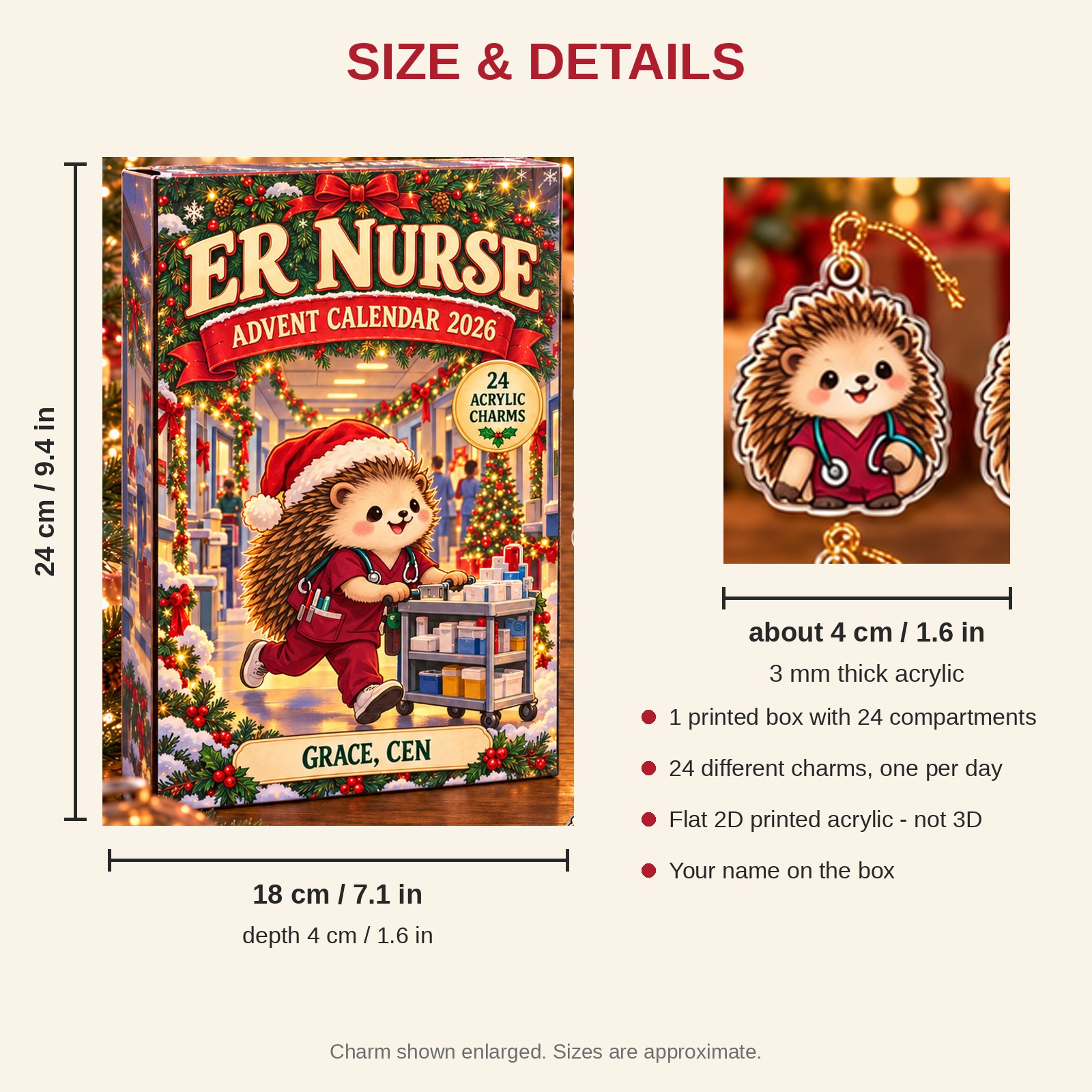 Personalized ER Nurse Hedgehog advent calendar box with 24 flat acrylic Christmas charms: box and charm sizes