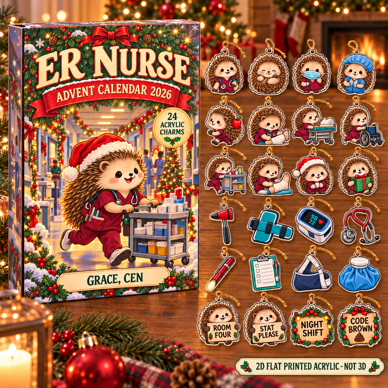 Personalized ER Nurse Hedgehog advent calendar box with 24 flat acrylic Christmas charms