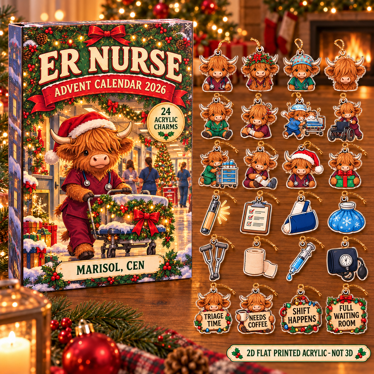 Personalized ER Nurse Highland Cow advent calendar box with 24 flat acrylic Christmas charms