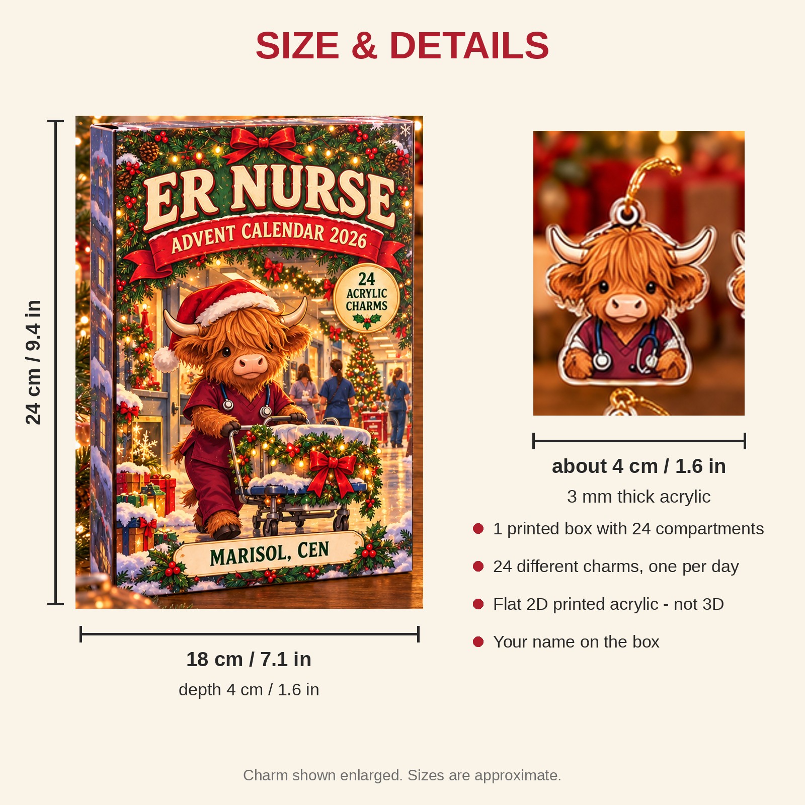 Personalized ER Nurse Highland Cow advent calendar box with 24 flat acrylic Christmas charms: box and charm sizes