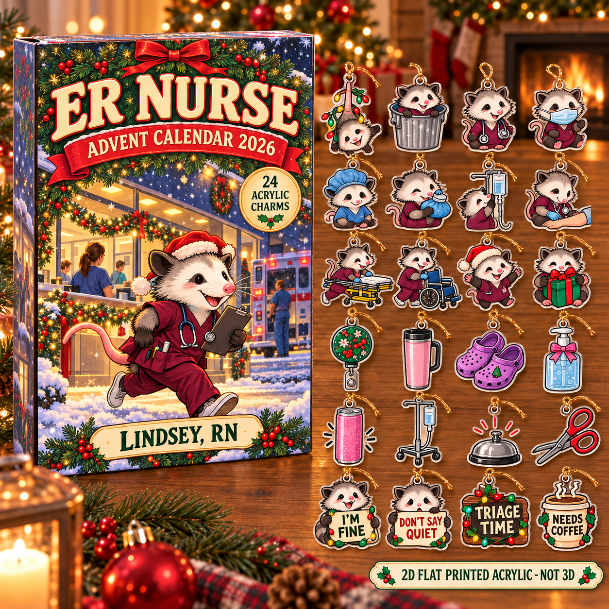 Personalized ER Nurse Opossum advent calendar box with 24 flat acrylic Christmas charms