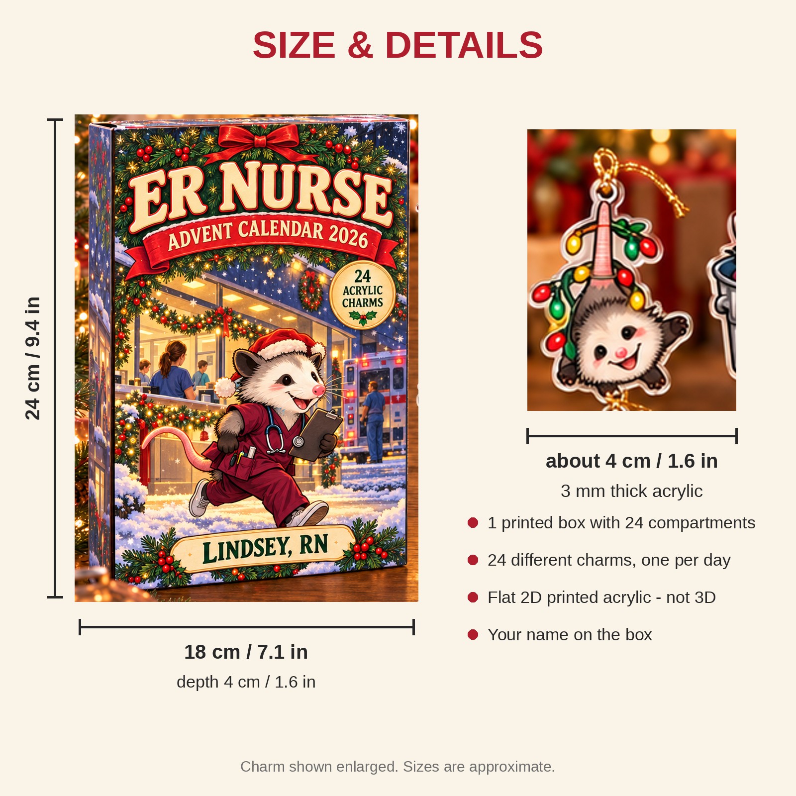 Personalized ER Nurse Opossum advent calendar box with 24 flat acrylic Christmas charms: box and charm sizes