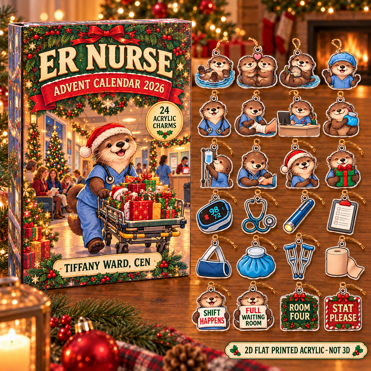 Personalized ER Nurse Otter advent calendar box with 24 flat acrylic Christmas charms