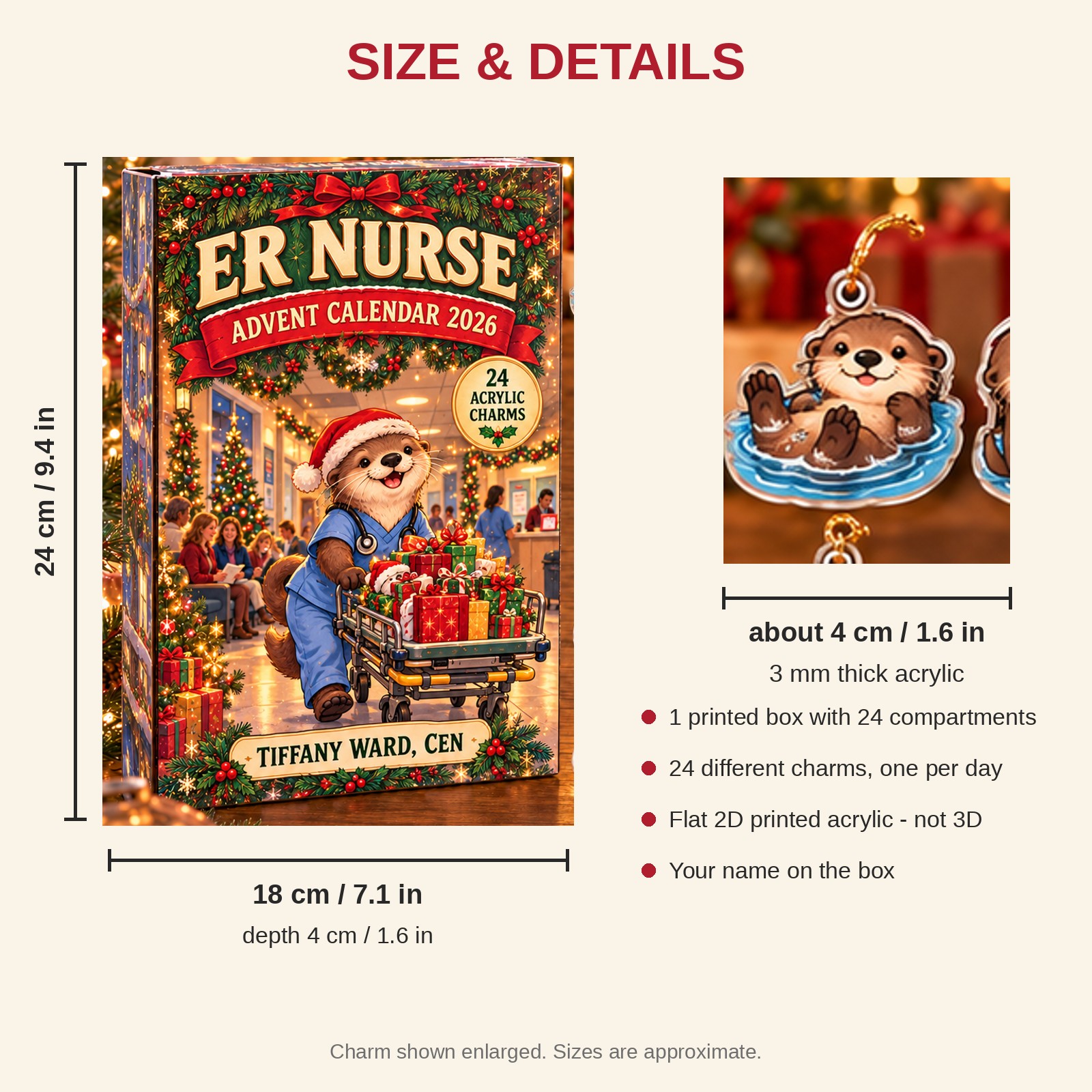 Personalized ER Nurse Otter advent calendar box with 24 flat acrylic Christmas charms: box and charm sizes