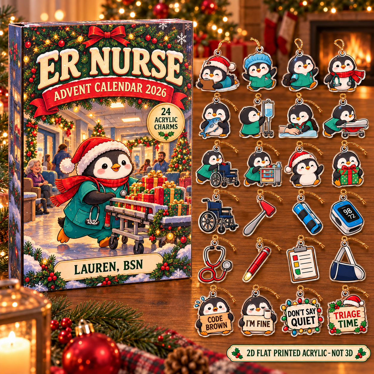 Personalized ER Nurse Penguin advent calendar box with 24 flat acrylic Christmas charms