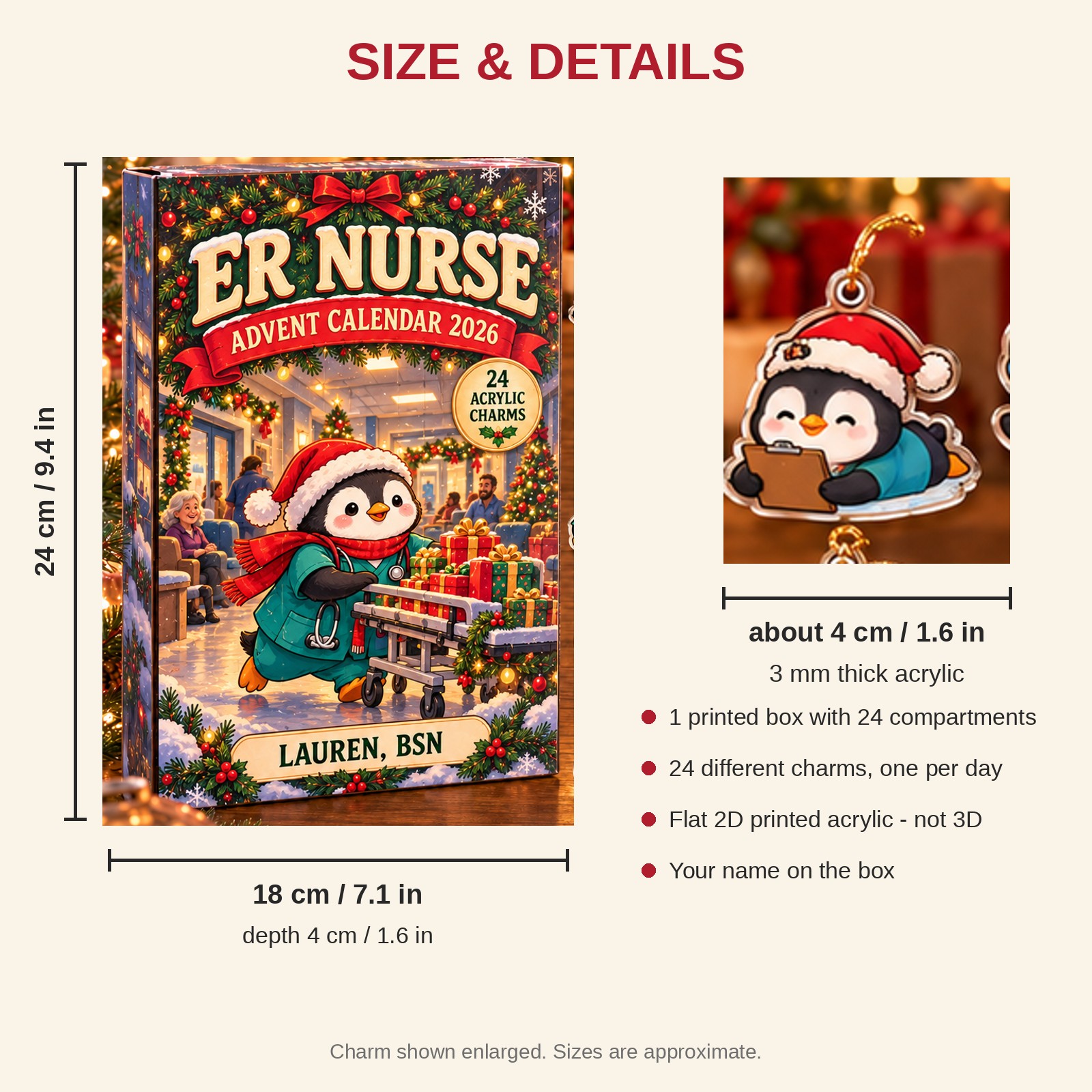 Personalized ER Nurse Penguin advent calendar box with 24 flat acrylic Christmas charms: box and charm sizes