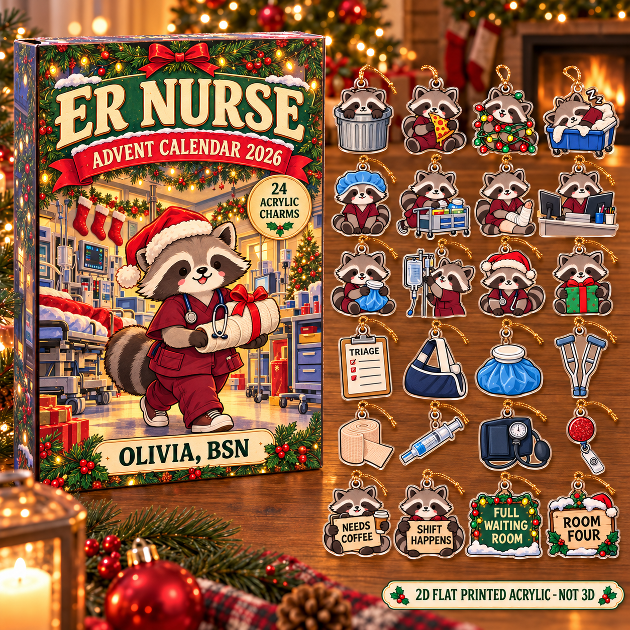 Personalized ER Nurse Raccoon advent calendar box with 24 flat acrylic Christmas charms