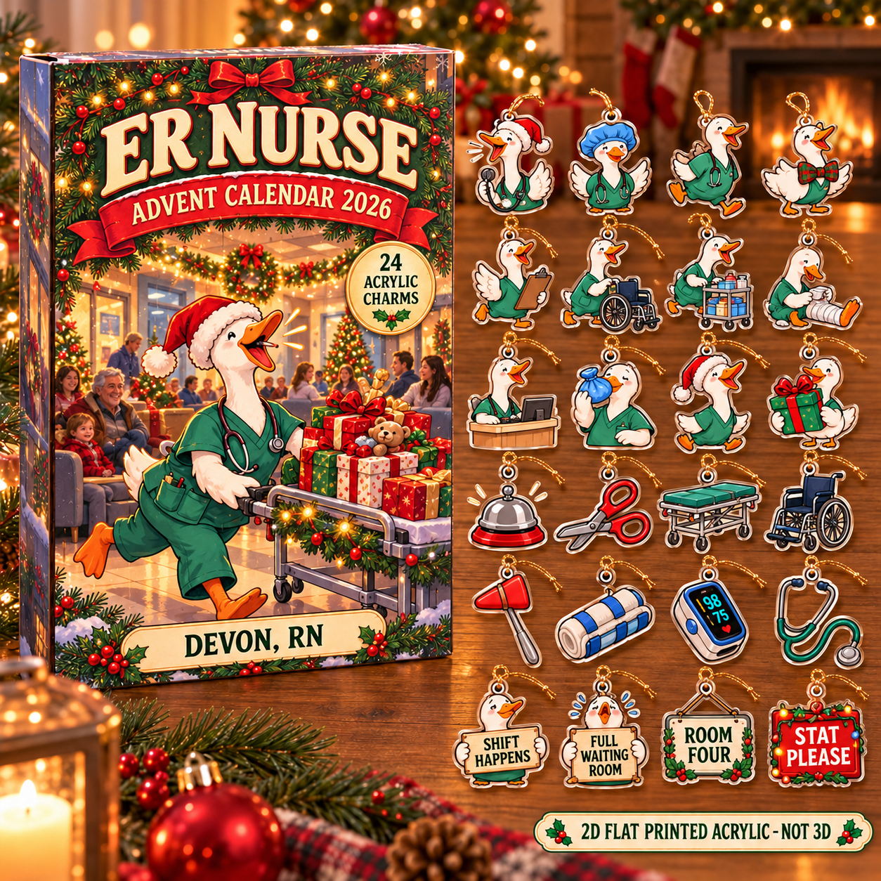 Personalized ER Nurse Silly Goose advent calendar box with 24 flat acrylic Christmas charms