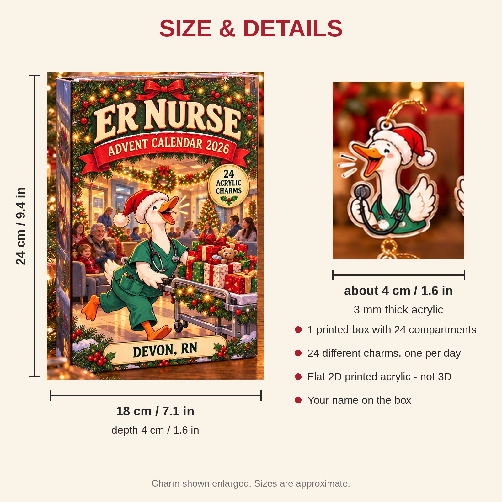 Personalized ER Nurse Silly Goose advent calendar box with 24 flat acrylic Christmas charms: box and charm sizes