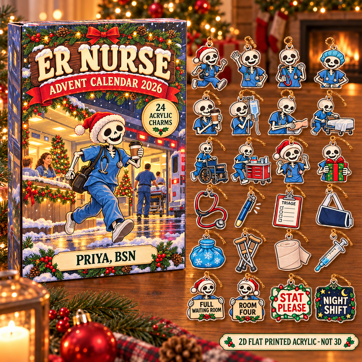 Personalized Skeleton ER Nurse advent calendar box with 24 flat acrylic Christmas charms
