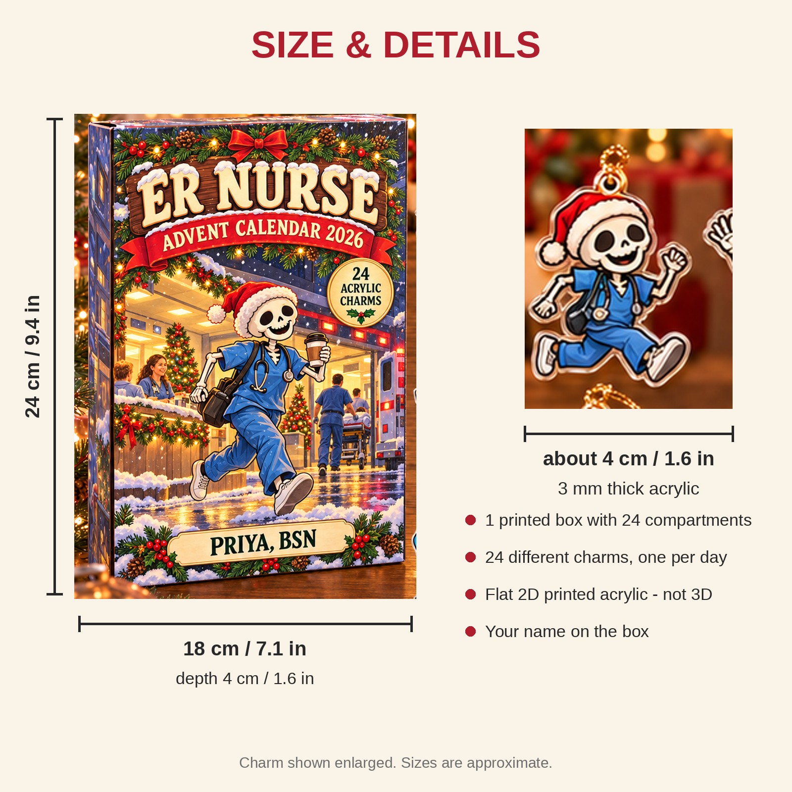 Personalized Skeleton ER Nurse advent calendar box with 24 flat acrylic Christmas charms: box and charm sizes