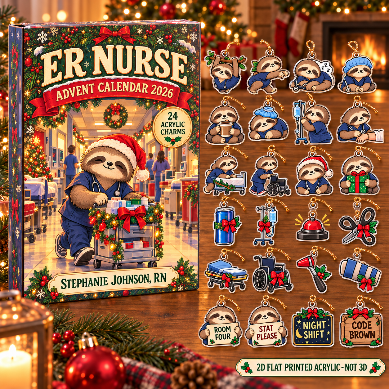 Personalized ER Nurse Sloth advent calendar box with 24 flat acrylic Christmas charms
