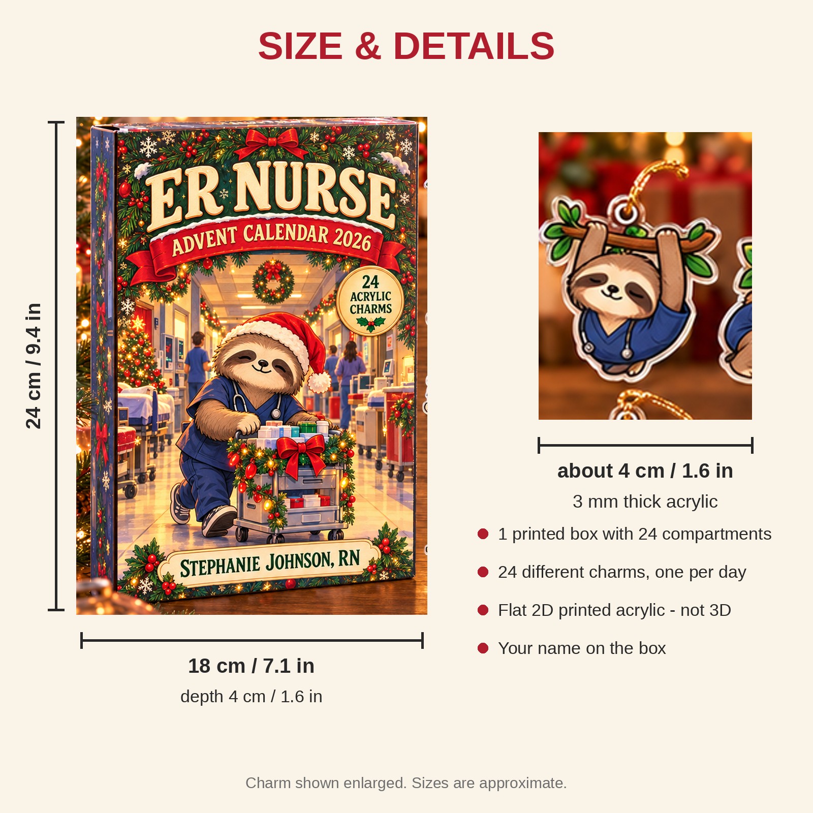 Personalized ER Nurse Sloth advent calendar box with 24 flat acrylic Christmas charms: box and charm sizes