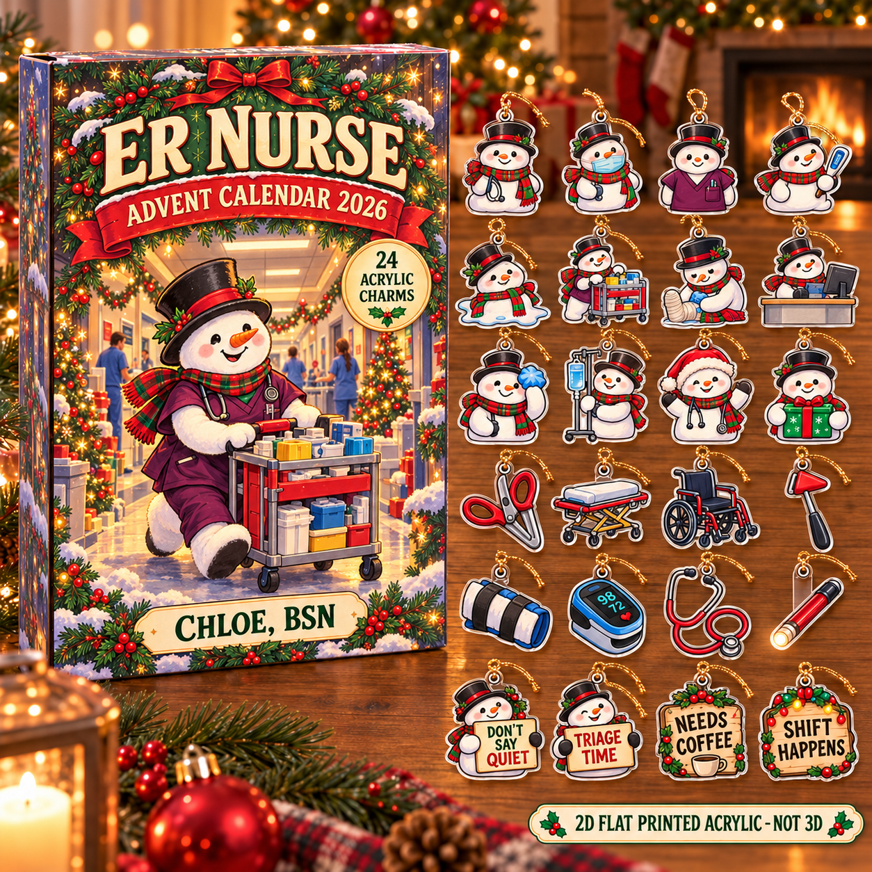 Personalized Snowman ER Nurse advent calendar box with 24 flat acrylic Christmas charms