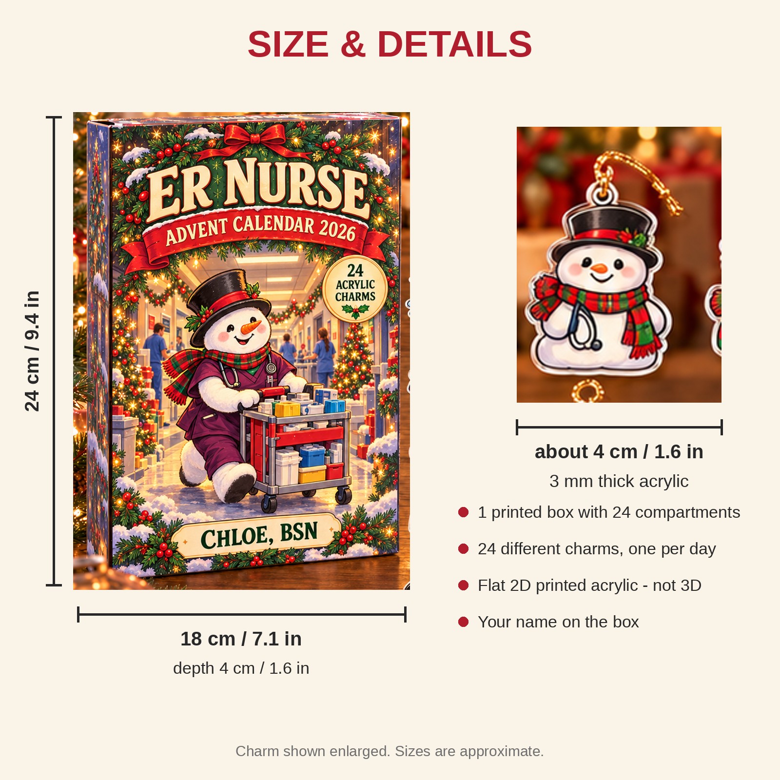 Personalized Snowman ER Nurse advent calendar box with 24 flat acrylic Christmas charms: box and charm sizes