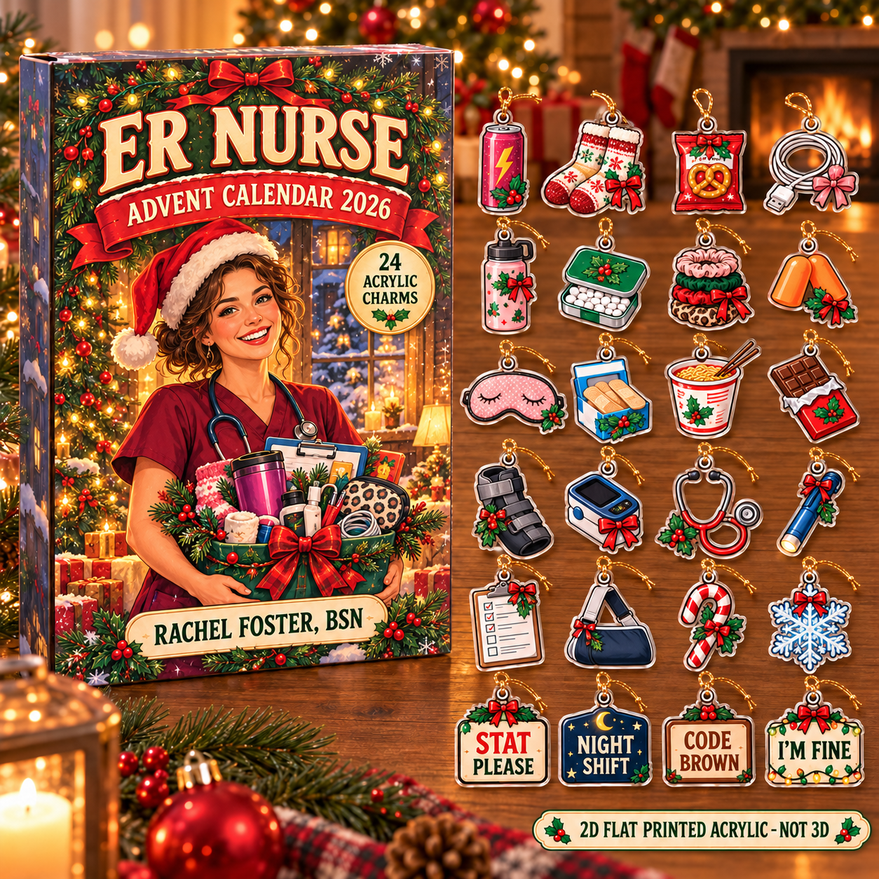 Personalized ER Nurse Survival Kit advent calendar box with 24 flat acrylic Christmas charms
